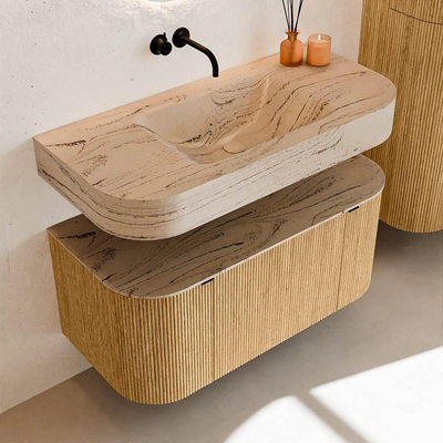 MONDIAZ THOR-DLUX 100cm badmeubel ronding links + rechts kleur Oak met 1 lade en 2 deuren. Vrijhangende wastafel CLOUD Midden zonder kraangat kleur Arena.