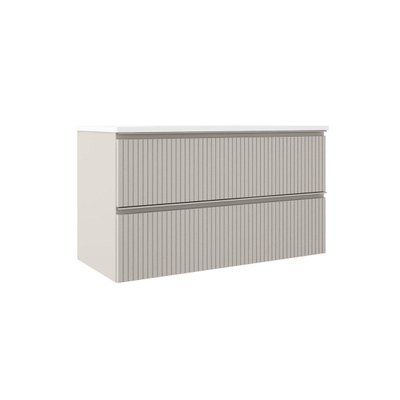 Saniclass Prime Blend Meuble de salle de bain - 100x55x46cm - 1 vasque rectangulaire en céramique blanc - 1 trou de robinet - 2 tiroirs - miroir rectangulaire - mat cotton (beige)