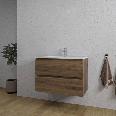 Saniclass Chaci Badkamermeubelset - 80x45x55cm - keramische wastafel glans wit - 1 wasbak - 1 kraangat - 2 lades - noten SHOWROOMMODEL