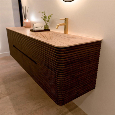 Mondiaz CIRO-DLUX Meuble de salle de bains - 170x45x50cm - Plan-vasque en solid surface Arena - 1 vasque à droite - 1 trou pour robinet - 4 tiroirs - Noyer