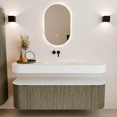 MONDIAZ THOR 150cm meuble de salle de bains arrondi gauche + droite couleur Shadow avec 1 tiroir et 2 portes. Vasque suspendue CLOUD Milieu sans trou de robinet couleur Talc.