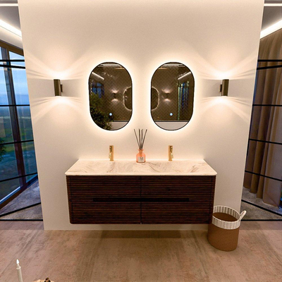 Mondiaz CIRO-DLUX Meuble de salle de bains - 140x45x50cm - Plan vasque solid surface Frappe - 2 vasques double - 2 trous de robinetterie - 4 tiroirs - Noyer