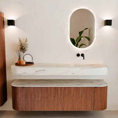 MONDIAZ THOR-DLUX 160cm meuble de salle de bains arrondi gauche + droite couleur Ruby avec 1 tiroir et 2 portes. Vasque suspendue CLOUD Droite sans trou de robinet couleur Nata.