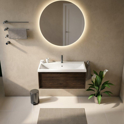 Saniclass Holz Frame Ensemble de meuble de salle de bains - 100x45x43.5cm - lavabo Bari en céramique blanc - 1 vasque - 1 trou de robinetterie - 1 tiroir - chêne charcoal mat (bois)