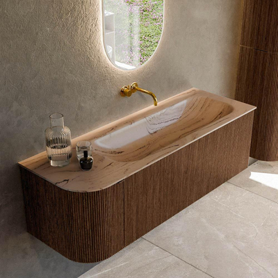 MONDIAZ KURVE-DLUX 135cm badmeubel ronding Links kleur Walnut met 1 lade en 1 deur. Wastafel BIG MEDIUM Rechts zonder kraangat Arena.