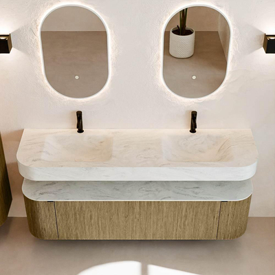 MONDIAZ THOR-DLUX Meuble de salle de bains 170cm arrondi gauche + droite couleur Dusk avec 1 tiroir et 2 portes. Vasque suspendue CLOUD Double 2 trous de robinet couleur Opalo.