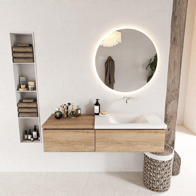 MONDIAZ BUKLA meuble de salle de bain 140 cm avec module 60 couleur Chêne blanchi avec 2 tiroirs. Lavabo CLOUD à droite 0 trous de robinet couleur Talc.