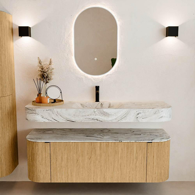 MONDIAZ THOR-DLUX 140cm badmeubel ronding links + rechts kleur Oak met 1 lade en 2 deuren. Vrijhangende wastafel CLOUD Midden 1 kraangat kleur Glace.