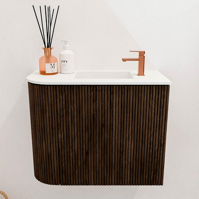 Mondiaz JOYA 51.6cm toiletmeubel - ronding links kleur Walnut - Wastafel FAYE positie Rechts 1 kraangat kleur Talc.