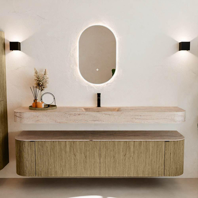 MONDIAZ THOR-DLUX Meuble de salle de bains 190cm arrondi gauche + droite couleur Dusk avec 2 tiroirs et 2 portes. Vasque suspendue CLOUD Milieu 1 trou de robinet couleur Saba.