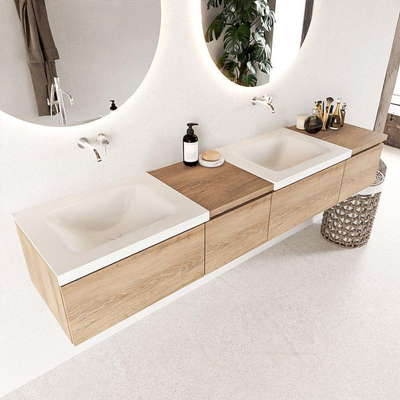 Mondiaz BUKLA badkamermeubelset 200x45x34cm 0 kraangaten 2 wasbakken solid surface Talc greeploos 4 lades met softclose Melamine Washed Oak