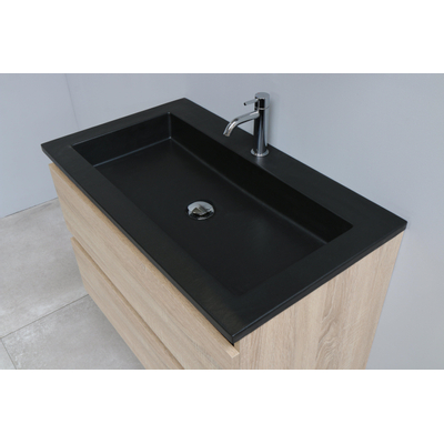 Basic Bella Badkamermeubelset - 80x55x46cm - 1 wasbak - Acryl - Zwart - 1 kraangat - Wandspiegel met verlichting - MDF Eiken SHOWROOMMODEL