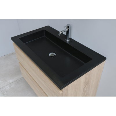 Basic Bella Meuble salle de bains avec lavabo acrylique Noir avec armoire toilette 2 portes gris 80x55x46cm 1 trou de robinet Chêne