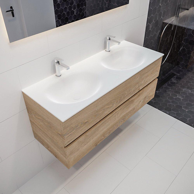 MONDIAZ VICA Ensemble de meuble salle de bain - 120cm - 2 tiroirs - lavabo Moon double - 2 trous de robinet - solid surface chêne blanchi
