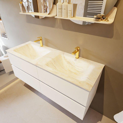 Mondiaz VICA-DLUX ensemble de meuble de salle de bain - 130cm - meuble sous-vasque talc - 4 tiroirs - lavabo encastré cloud double - 2 trous de robinet - version haute de 60cm - ostra