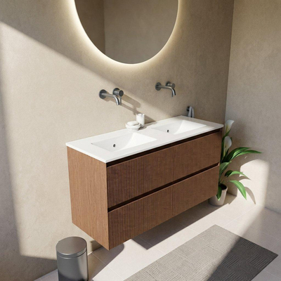 Saniclass Holz Atelier Ensemble meuble de salle de bains - 120x45x62cm - Vasque Vygo en céramique blanche - 2 vasques - sans trous de robinet - 2 tiroirs - noyer pure mat (bois)