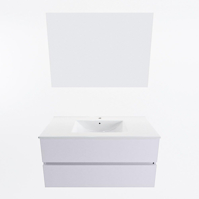 Mondiaz VICA ensemble de meuble de salle de bain - 100cm - meuble sous-vasque cale - 2 tiroirs - lavabo denia milieu - 1 trou de robinet - couleur Blanc Brillant - miroir LED - version XL 60cm de haut