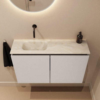 MONDIAZ TURE-DLUX Meuble toilette - 80cm - Linen - EDEN - vasque Ostra - position gauche - sans trou de robinet