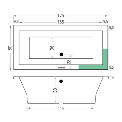 Xenz Society Duobad - 175x80x53 - afvoer Midden - acryl - ebony