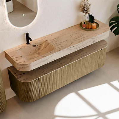 MONDIAZ THOR-DLUX 170cm meuble de salle de bains arrondi gauche + droite couleur Dusk avec 1 tiroir et 2 portes. Vasque suspendue CLOUD Gauche 1 trou de robinet couleur Arena.