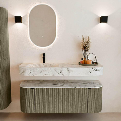 MONDIAZ THOR-DLUX 130cm meuble de salle de bains arrondi gauche + droite couleur Shadow avec 1 tiroir et 2 portes. Vasque suspendue CLOUD Gauche 1 trou de robinet couleur Glace.