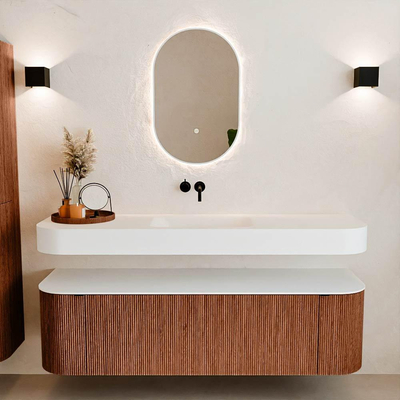 MONDIAZ THOR 160cm meuble de salle de bains arrondi gauche + droite couleur Ruby avec 1 tiroir et 2 portes. Vasque suspendue CLOUD Milieu sans trou de robinet couleur Talc.