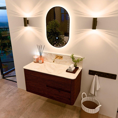 Mondiaz CIRO-DLUX Meuble de salle de bains - 100x45x50cm - Plan vasque solid surface Ostra - 1 vasque centrale - sans trous de robinetterie - 2 tiroirs - Ruby