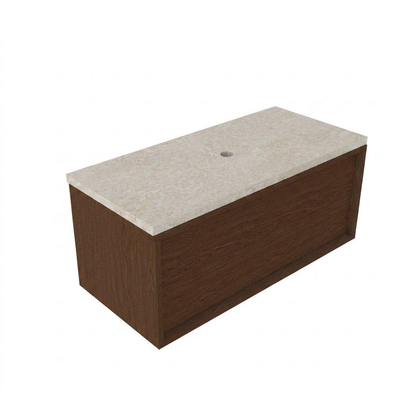 Saniclass Holz Frame Ensemble de meubles de salle de bains - 100x45x43cm - plan de travail en pierre naturelle travertin - sans trou de robinet - 1 tiroir - noyer pur mat (bois)