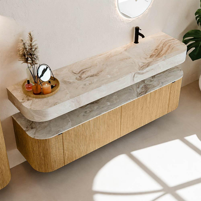 MONDIAZ THOR-DLUX 180cm badmeubel ronding links + rechts kleur Oak met 2 lades en 2 deuren. Vrijhangende wastafel CLOUD Rechts 1 kraangat kleur Frappe.