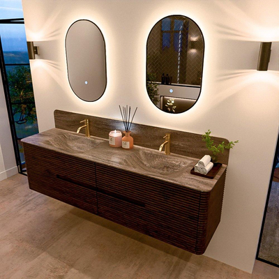 Mondiaz CIRO-DLUX Badkamermeubelset - 180x45x50cm - Solid surface wastafel Oza - 2 wasbak Dubbel - 2 kraangaten - 4 lades - Walnut