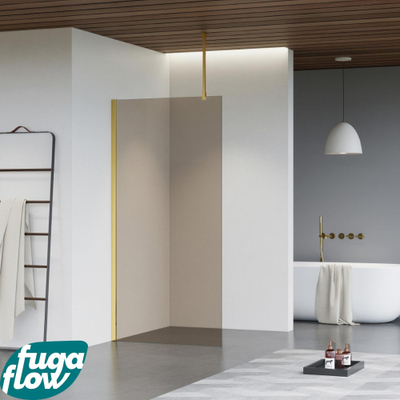 FugaFlow Eccelente Vetro Douche à l'italienne - 30x200cm - Fumé - Bras plafond - Laiton Brossé (Doré)