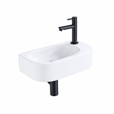 QeramiQ Fuente fonteinset – halfrond – 40x21.5x12 cm – keramiek wit mat – kraangat rechts – mat zwarte kraan