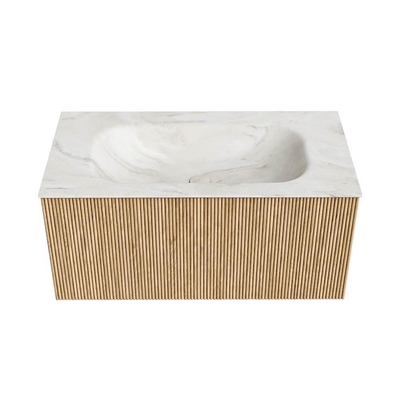 MONDIAZ KURVE-DLUX Meuble de salle de bains 90 cm couleur Oak avec 1 tiroir. Lavabo BIG SMALL centré 1 trou de robinet couleur Ostra.