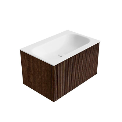 MONDIAZ KURVE Meuble de salle de bains 70 cm couleur Walnut avec 1 tiroir. Lavabo BIG SMALL centré sans trou de robinet Talc.