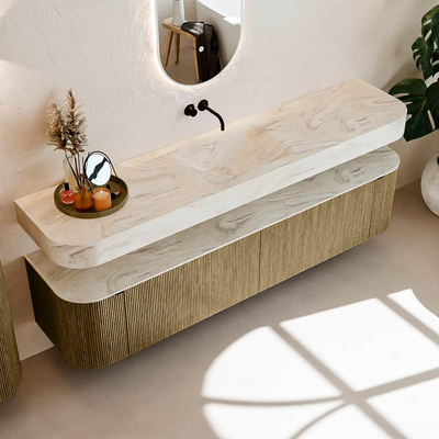 MONDIAZ THOR-DLUX 200cm meuble de salle de bains arrondi gauche + droite couleur Dusk avec 2 tiroirs et 2 portes. Vasque suspendue CLOUD Milieu sans trou de robinet couleur Ostra.