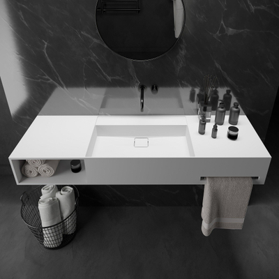 Ideavit Wastafel - 140x40x20cm - solid surface - afgeronde binnenhoeken - handdoekhouder rechts - opbergvak links - vierkante afvoerdekking - solid surface - mat wit