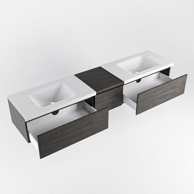 MONDIAZ BUKLA 200cm meuble de salle de bain avec module 40 couleur Marron Foncé avec 3 tiroirs. Lavabo CLOUD double 2 trous de robinet couleur Talc.