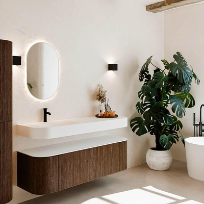 MONDIAZ THOR 150cm meuble de salle de bains arrondi gauche + droite couleur Walnut avec 1 tiroir et 2 portes. Vasque suspendue CLOUD gauche 1 trou de robinet couleur Talc.