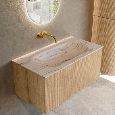 MONDIAZ KURVE-DLUX Meuble de salle de bains 90cm couleur Oak avec 1 tiroir et 0 portes. Lavabo BIG SMALL Centre sans trou de robinet Nata.