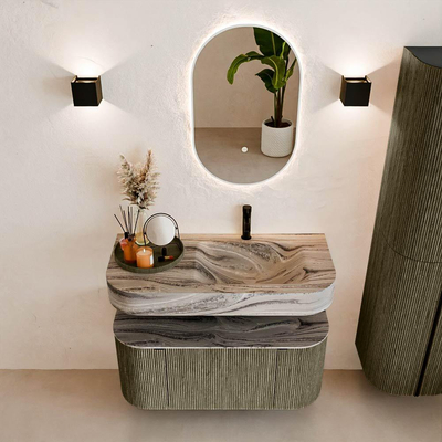 MONDIAZ THOR-DLUX 100cm meuble de salle de bains arrondi gauche + droite couleur Shadow avec 1 tiroir et 2 portes. Vasque suspendue CLOUD Droite 1 trou de robinet couleur Sombra.