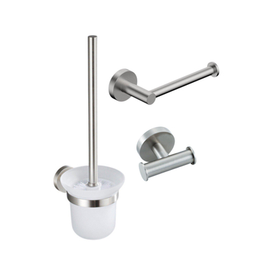 Fortifura Calvi Toiletset 3-delig - toiletrolhouder - zonder klep - toiletborstel - handdoekhaak dubbel rond - PVD - geborsteld RVS