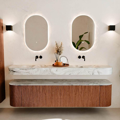 MONDIAZ THOR-DLUX Meuble de salle de bains 190cm arrondi gauche + droite couleur Ruby avec 2 tiroirs et 2 portes. Vasque suspendue CLOUD Double sans trou de robinet couleur Glace.