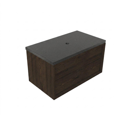 Saniclass Holz Frame Ensemble de meuble de salle de bains - 80x45x43cm - Plan vasque en basalte Noche poli (noir) - sans trou de robinetterie - 1 tiroir - chêne charcoal mat (bois)