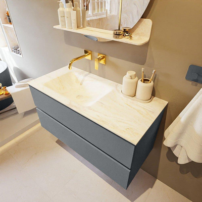 Mondiaz VICA-DLUX ensemble de meuble de salle de bain - 100cm - meuble sous-vasque plata - 2 tiroirs - lavabo encastré cloud gauche - sans trous de robinet - version haute de 60cm - ostra