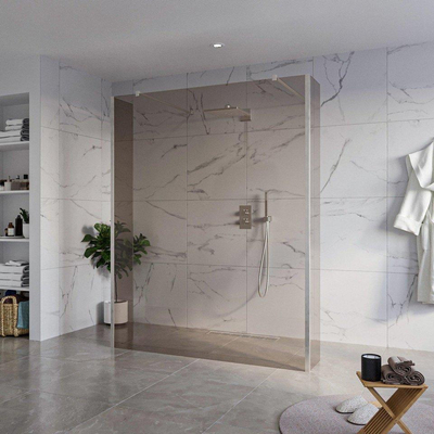 FugaFlow Eccelente Vetro Douche à l'italienne libre - 160x200cm - Verre fumé - anti-calcaire - verre de sécurité 8mm - 2 parois latérales 30cm - avec bras muraux et profils d'angle - inox brossé -