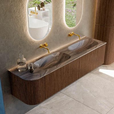 MONDIAZ KURVE-DLUX 175cm meuble de salle de bains arrondi à gauche couleur Walnut avec 2 tiroirs et 1 porte. Lavabo STOR SMALL Double / Droite sans trou de robinet Sombra.
