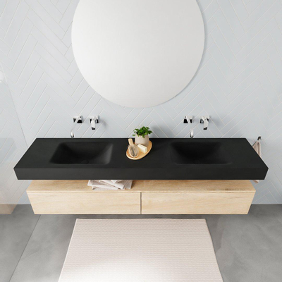 MONDIAZ ALAN 200cm - meuble bas - chêne blanchi - 2 tiroirs - lavabo suspendu - 2 bassins - 0 trous de robinet - urban