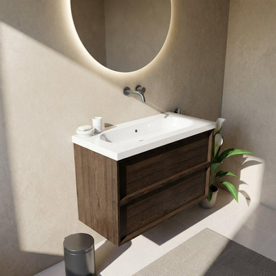 Saniclass Holz Frame Ensemble de meubles de salle de bains - 100x45x63.5cm - lavabo en céramique Palermo blanc - 1 vasque - sans trou de robinetterie - 2 tiroirs - chêne charcoal mat (bois)