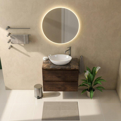 Saniclass Holz Atelier Ensemble de meuble de salle de bains - 80x45x63cm - Plan de travail en pierre naturelle Noche dark emperador - 1 trou de robinet - 2 tiroirs - chêne charcoal mat (bois)