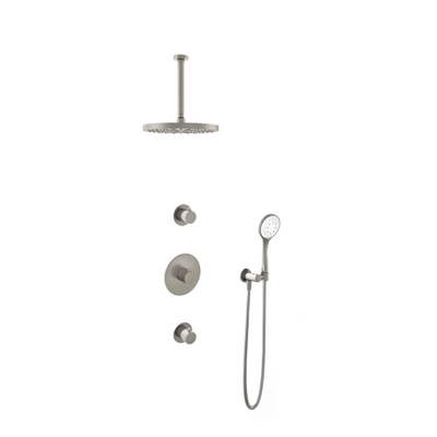 Hotbath Buddy IBS Ensemble de douche pluie - bras de plafond 30 cm - pomme de douche ronde 30 cm - douchette à main 3 jets - nickel brossé